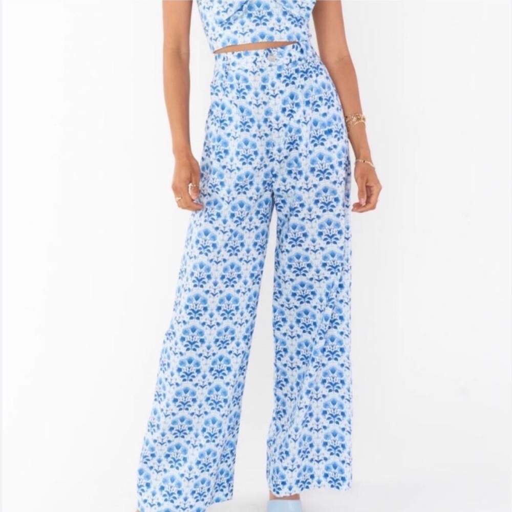 SHOW ME YOUR MUMU | NEW Rue Trousers Floral Wide-Leg White/Blue Women’s Size L